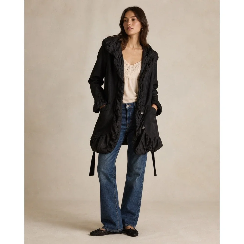 Blanc Noir Womens Black Ruffle Trim Trench Coat Jacket SAM384 Medium